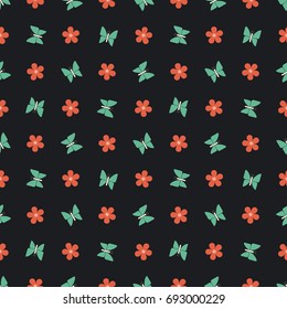 Seamless vector decorative pattern for printing, design, covers, textiles, wrapping paper and other materials. Turquoise butterflies and red flowers on a dark background