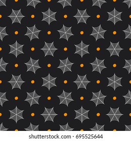 Seamless vector decorative pattern for printing, design, textiles, covers and other materials. Dark background for Halloween with a cobweb and orange dots