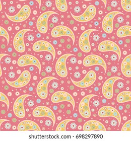 Seamless vector decorative pattern for printing, design, textiles, covers and other materials. Paisley with floral ornament in a palette of pink, yellow, green, blue and red