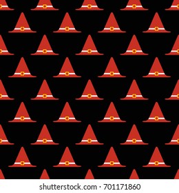 Seamless vector decorative pattern for printing on paper, textiles and other materials. Red hats on a dark background