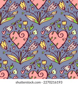 Seamless vector decorative pattern in retro style - fantasy hearts and flowers. 1970s. Greeting card.