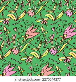 Seamless vector decorative pattern in retro style - fantasy flowers on a green background. 1970s.