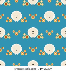 Seamless vector decorative pattern with sheep and flowers. Background for printing on paper, wallpaper, covers, textiles, fabrics, for decoration, decoupage, scrapbooking and other