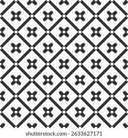 Seamless vector decorative pattern. Tiled pattern. Geometric simple black and white background. Rhombuses tiles with decorative elements. Modern stylish ornament.