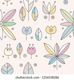 Seamless vector decorative pink hand drawn pattern with geometrical motifs, flowers. Graphic vintage design. Print for wrapping, wallpaper, surface, packaging. 