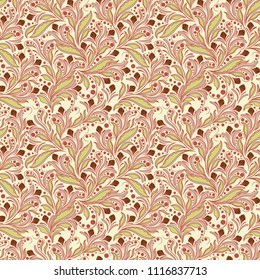 Seamless vector delicate plants of pink, green, blue and brown colors on the pale yellow background as a fabric texture