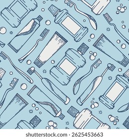 Seamless vector dental care pattern with hand-drawn illustrations of toothbrushes, toothpaste tubes, and mouthwash bottles on a light blue background. Ideal for packaging design, children's 