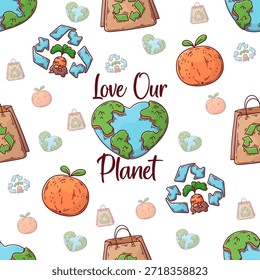 Seamless vector design celebrating love for our planet. Eco-friendly colors, nature motifs, and clean lines—perfect for environmental campaigns, branding, and green visuals.