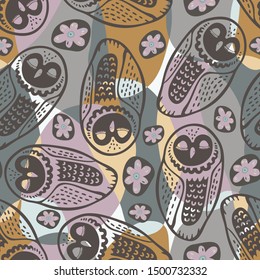Seamless vector design with colorful funny owls. The design is suitable for children clothes, wallpaper, stationary, sheets as well as for wrapping paper. 
