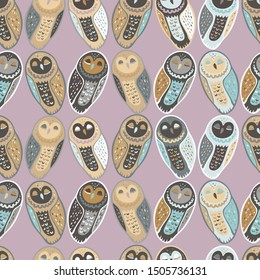 Seamless vector design with colorful funny owls. The design is suitable for children clothes, wallpaper, stationary, sheets as well as for wrapping paper. 