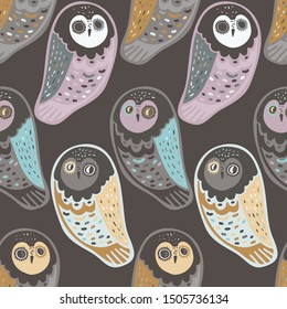 Seamless vector design with colorful funny owls. The design is suitable for children clothes, wallpaper, stationary, sheets as well as for wrapping paper. 