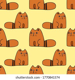 Seamless vector design colorful pattern of cute cartoon cats sitting in lines on yellow background. The design is perfect for textiles, backgrounds, packages, sheets, wrapping paper, wallpaper