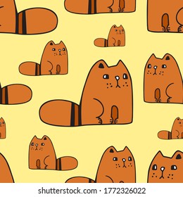 Seamless vector design colorful pattern of cute cartoon cats sitting in lines on yellow background. The design is perfect for textiles, backgrounds, packages, sheets, wrapping paper, wallpaper