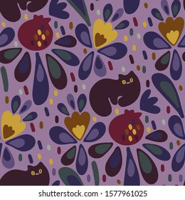 Seamless vector design with colorful pomegranates, cats and flowers. The design is suitable for children clothes, wallpaper, stationary, sheets as well as for wrapping paper. 