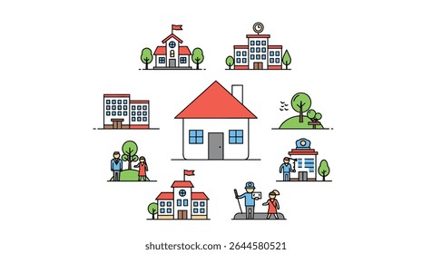 Projeto vetorial contínuo de edifícios comunitários com casas escolares e empresas locais