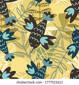 Diseño vectorial sin foco con pájaros lindos con hojas de otoño en el fondo