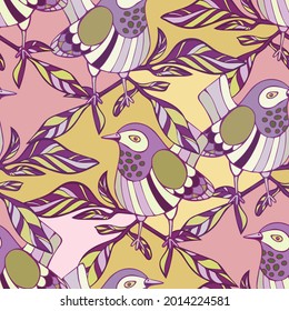 Seamless vector design with cute decorative birds with autumn leaves in pastel tones. The design is perfect for backgrounds, packages, textiles, clothes, wallpapers, sheets, surfaces.
