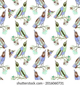 Seamless vector design with cute decorative birds with autumn leaves in pastel tones. The design is perfect for backgrounds, packages, textiles, clothes, wallpapers, sheets, surfaces.
