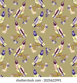 Seamless vector design with cute decorative birds with autumn leaves in pastel tones. The design is perfect for backgrounds, packages, textiles, clothes, wallpapers, sheets, surfaces.