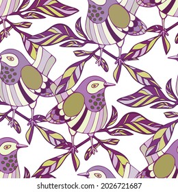 Seamless vector design with cute decorative birds with autumn leaves in pastel tones. The design is perfect for backgrounds, packages, textiles, clothes, wallpapers, sheets, surfaces.