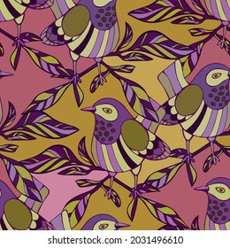 Seamless vector design with cute decorative birds with autumn leaves in purple tones. The design is perfect for backgrounds, packages, textiles, clothes, wallpapers, sheets, surfaces.