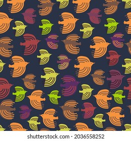 Seamless vector design with cute decorative birds in dark tones. The design is perfect for backgrounds, packages, textiles, clothes, wallpapers, sheets, surfaces.