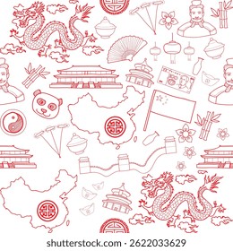 Seamless vector design featuring a collection of traditional Chinese icons, crafted with intricate detail and cultural authenticity.