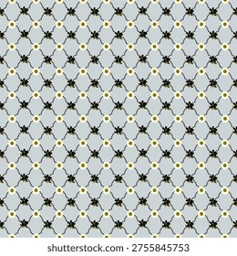 Seamless vector design featuring a metallic steel mesh pattern with white flowers on a geometric iron wire fence backdrop for wallpaper texture