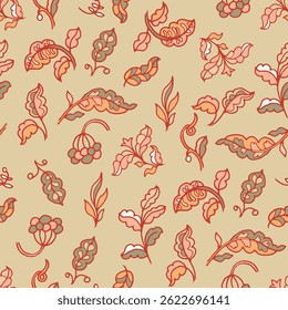 Seamless vector design featuring stylized Rococo leaves and berries in warm orange, olive, and cream hues on a soft khaki background. Light and playful layout.