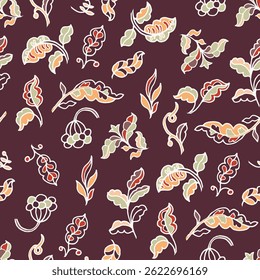Seamless vector design featuring stylized Rococo leaves and berries in warm orange, olive, and cream hues on a soft khaki background. Light and playful layout.
