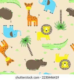 seamless vector design image cute baby animals , elephant, lion, giraffe, crocodile and others