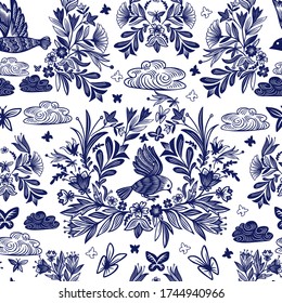 Seamless vector design inverted color pattern in blue tones of cute little hummingbirds and flowers. The design is perfect for backgrounds, packages, textiles, clothes, wallpapers, sheets, surfaces.