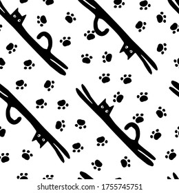 Seamless vector design of lying cats and footprints of paws formed in lines on white background. Black and white pattern. The design is perfect for textiles, pyjamas, backgrounds, packaging, wallpaper