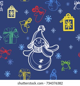 The seamless vector design of mittens gifts and snowflakes