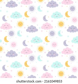 Seamless vector design with moon, sun, stars and clouds. Children's illustration. Vector.