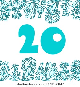 Seamless vector design number 20 card with floral ornament frame in blue tones on white. The design is perfect for cards, decorations, invitations, postcards, stickers.