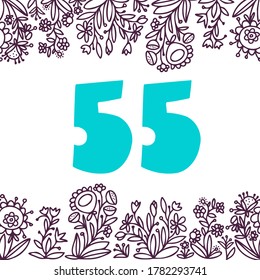 Seamless vector design number 55 card with floral ornament frame in blue tones on white. The design is perfect for cards, decorations, invitations, postcards, stickers.