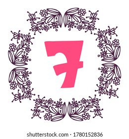 Seamless vector design number 7 card with floral ornament frame in blue tones on white. The design is perfect for cards, decorations, invitations, postcards, stickers.