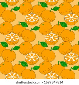Seamless vector design of oranges on a white background. Appetizing illustration, artistic.