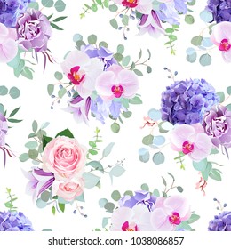 Seamless vector design pattern arranged from pink rose, orchid, violet carnation, purple hydrangea, iris, bell flower, eucalyptus greenery.Beautiful floral print.All elements are isolated and editable