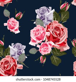 Seamless vector design pattern arranged from pink, violet and red roses. Beautiful floral print. Floral bunch. Spring mood composition. Black background.