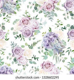 Seamless vector design pattern arranged from dusty violet lavender, creamy and mauve antique rose, hydrangea, purple pale flowers, succulent, and eucalyptus greenery. Watercolor style floral print. Editable