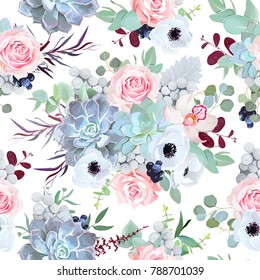 Seamless vector design pattern arranged from pink rose, white anemone, echeveria succulent, orchid flowers, brunia, eucalyptus greenery, black berry. Beautiful floral print. All elements are isolated