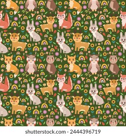 Seamless vector design pattern with different childish cute animals and boho rainbows on a dark background