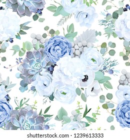 Seamless vector design pattern from dusty blue garden rose, white anemone, echeveria succulent, ranunculus, hydrangea, brunia, eucalyptus greenery, black berry. Beautiful floral print. Editable.