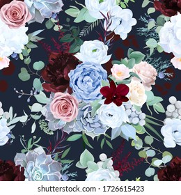 Seamless vector design pattern of dusty blue garden rose, white anemone, camellia, succulent, ranunculus, hydrangea, peony, eucalyptus greenery, burgundy red astilbe. Beautiful floral print.Editable