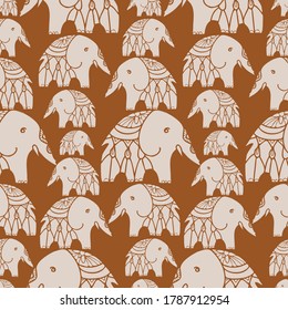 Seamless vector design pattern with lined elephants on brown background. The design is perfectly suitable for clothes design, children decoration, stickers, stationary.