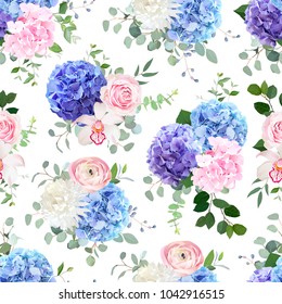 Seamless vector design pattern. Pink and purple hydrangea, orchid, rose, white chrysanthemum, ranunculus, eucalyptus and greenery vector design.Beautiful spring wedding print.All elements are isolated