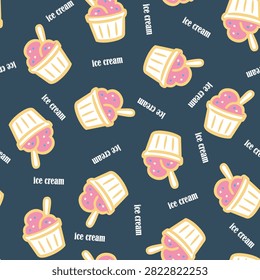 A seamless vector design showcasing stylized ice cream cups filled with pink scoops and the text phrase ice cream