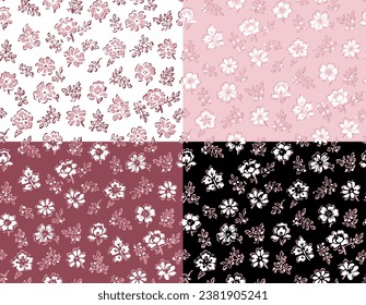 seamless vector design of small flowers, abstract daisies on 4 different backgrounds, boho-style, vintage wallpaper